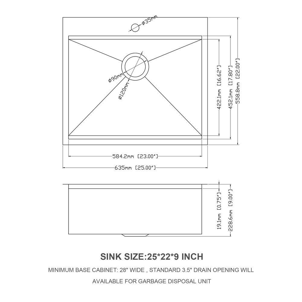 25 Inch Brushed Nickel Stainless Steel Drop-In Single Bowl Sink