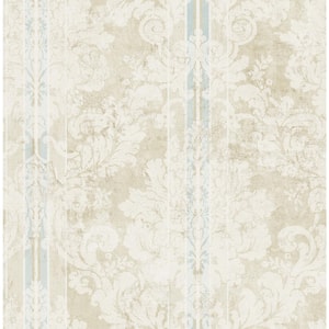 Vintage Damask Striped Beige and Cream and Bleu Paper Non-Pasted Strippable Wallpaper Roll (Cover 56.05 sq. ft.)