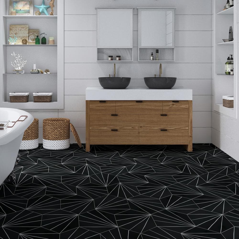 Black and White Hexagon Peel and Stick Vinyl Floor Tiles