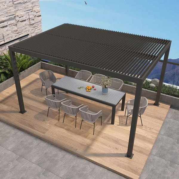 PURPLE LEAF 10 ft. x 13 ft. Gray Louvered Pergola Outdoor Aluminum Pergola with Adjustable Roof for Deck Backyard Hardtop Gazebo