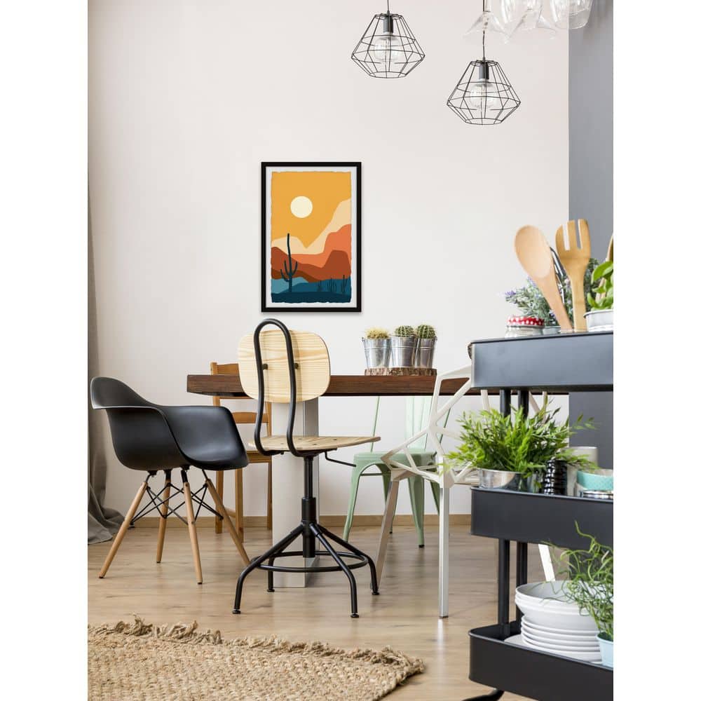 Desert Landscape Print with Cacti and Sun in Black Frame