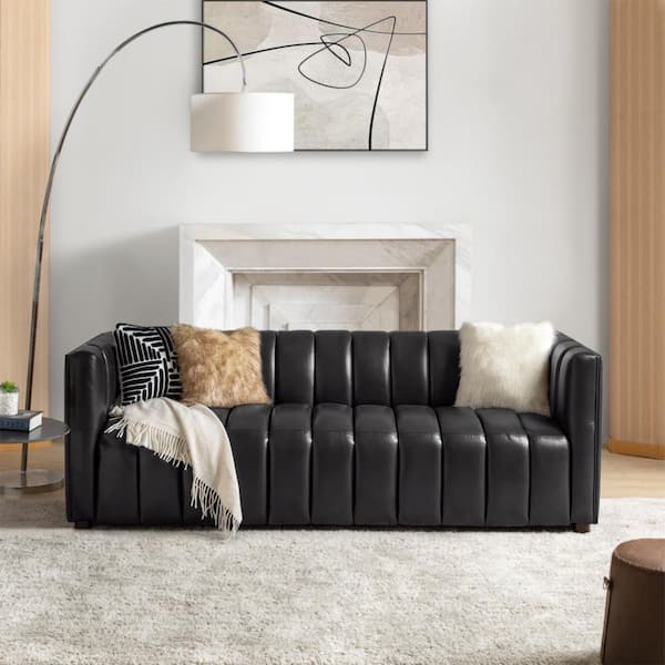 Pachynus 83 in.Wide Square Arm Genuine Leather Rectangle Contemporary Channel-tufted Sofa in Black