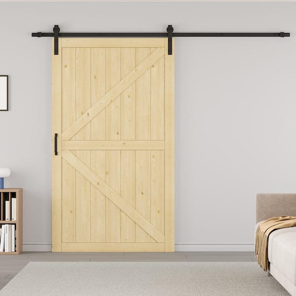 48 in. x 84 in. Paneled K Shape Solid Pine Unfinished Wood Sliding Barn Door Slab with Hardware Kit and Soft Close