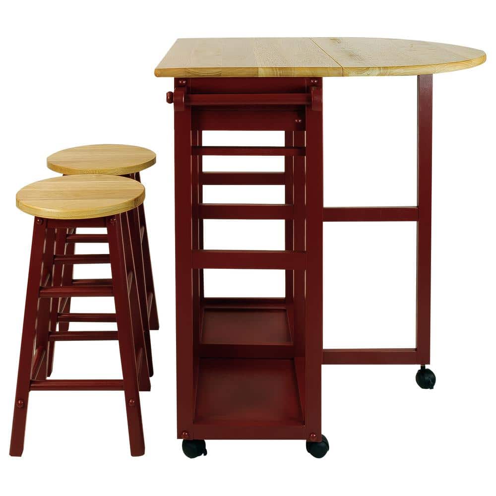 Round Red Butcher Block Kitchen Cart with Drop-Leaf and Storage