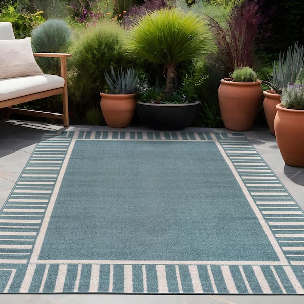 Edge Teal 5x7 ft. Rubber Back Washable Geometric Border Indoor Outdoor Patio Area Rug