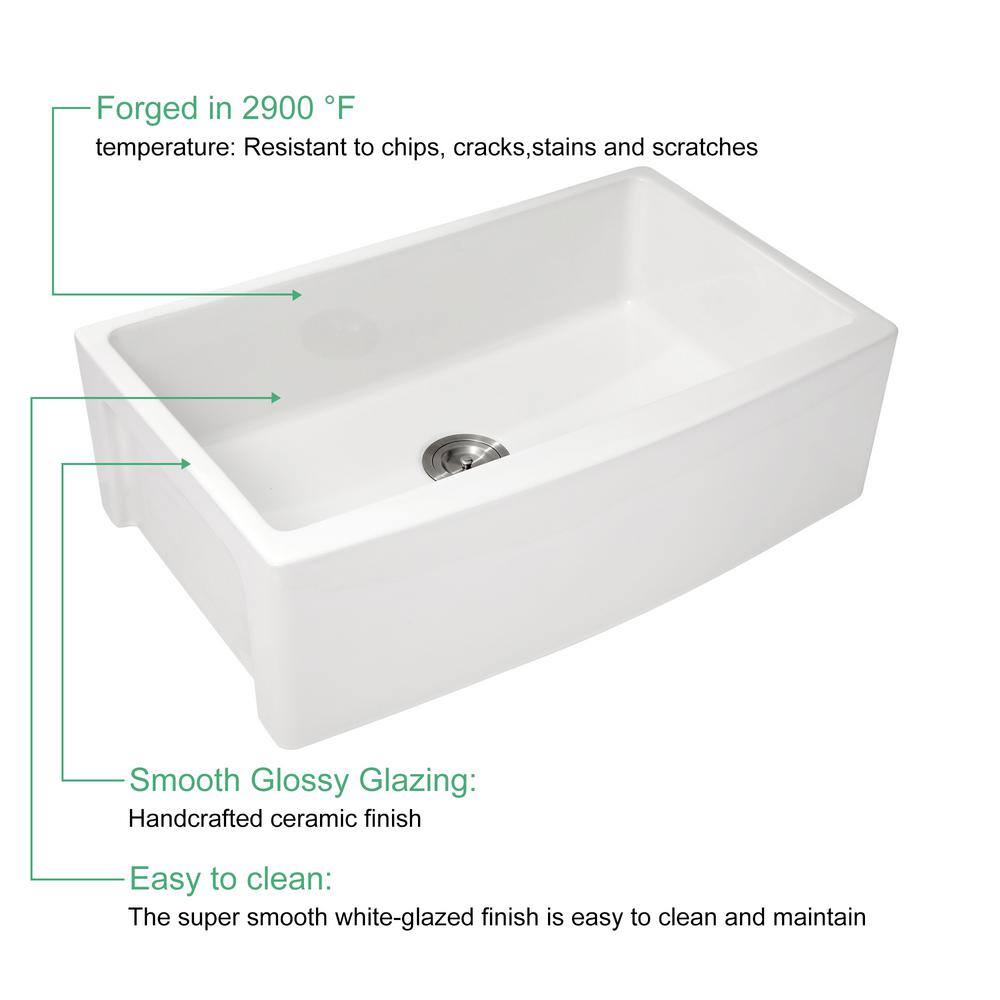 30'' Glossy White Ceramic Farmhouse Apron-Front Single Bowl Kitchen Sink