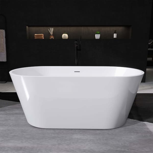 Getpro 59 in. x 29.5 in. Freestanding Soaking Bathtub with Chrome Center Drain Flat Bottom Free Standing Oval Tub in White