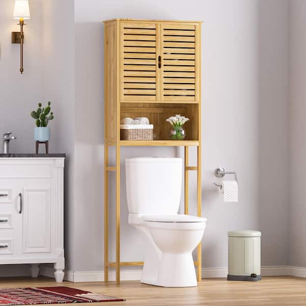 VEIKOUS 24.4 in. W x 66.9 in. H x 9.5 in. D Yellow Bamboo Over the Toilet Storage Bathroom Rectangular Cabinet with Open Shelf