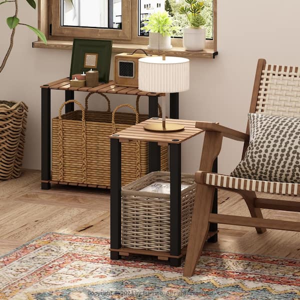 Furinno Turn-N-Tube 17.7 in. 2-Tier Natural/Black Teak Oil Wood Rectangle End Table with open shelves