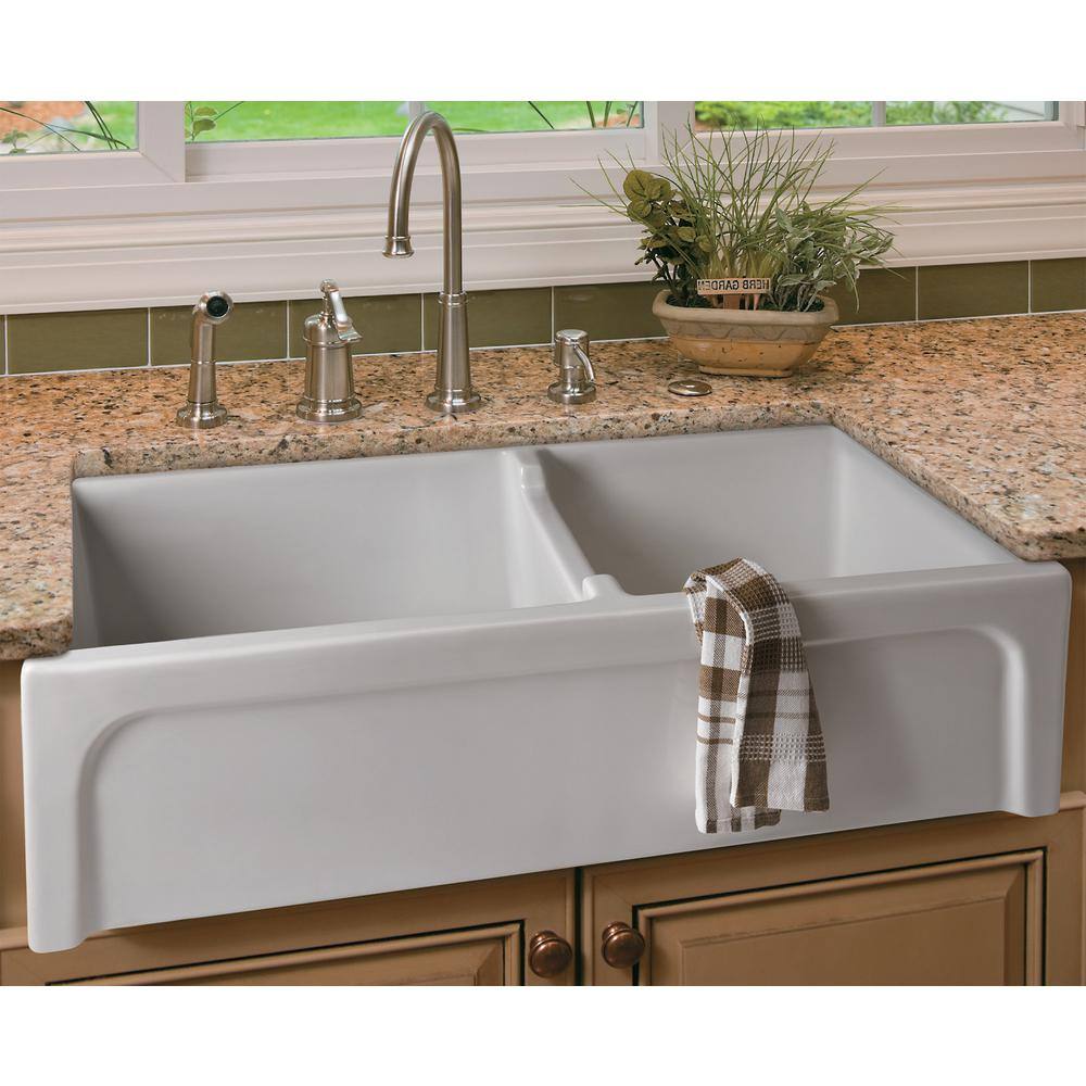 36'' White Fireclay Double Bowl Farmhouse Sink