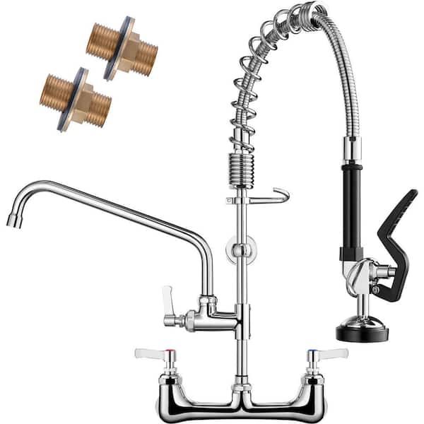 Commercial Restaurant Pull Down Double Handle Wall Mount Pre-Rinse Spray Standard Kitchen Faucet in Polished Chrome
