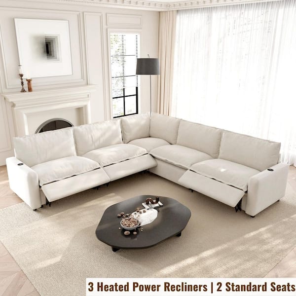 Power Recliner 107 in. Square Arm Beige Linen 5-Pieces L-Shape Modular Sectional Sofa with Heat,USB and Type-C Ports