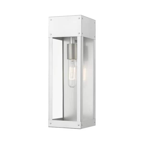 Livex Lighting Barrett Painted Satin Nickel Outdoor Hardwired Wall Lantern Sconce with Clear Glass
