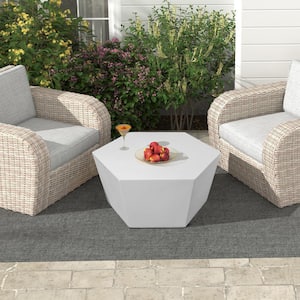 28 in. Porcelain White Hexagon Concrete Outdoor Coffee Table, Patio Conversation Table