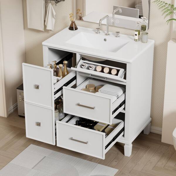 NURVIA 30 in. Single Sink Freestanding White Bath Vanity with White Ceramic Top Unassembled