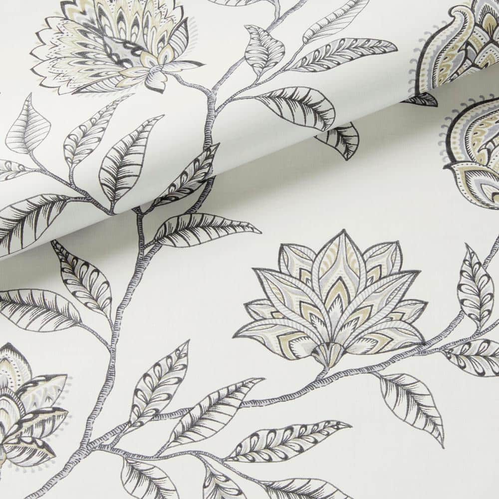 Gray and Black Jacobean Floral Peel and Stick Vinyl Wallpaper