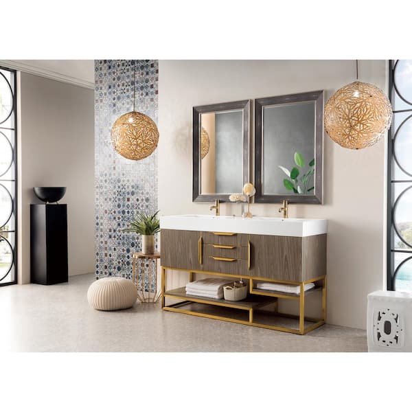 James Martin Vanities Columbia 59.0 in. W x 19.5 in. D x 36 in. H Double Bath Vanity in Ash Gray with Glossy White Composite Top