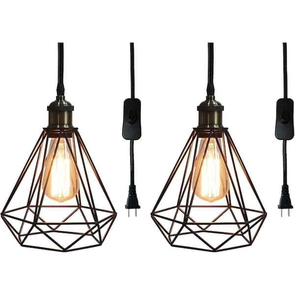 OBJLGEV Industrial Plug in Pendant Light 7.09 in. Metal Cage Fixture for Farmhouse and Kitchen 2-Pack