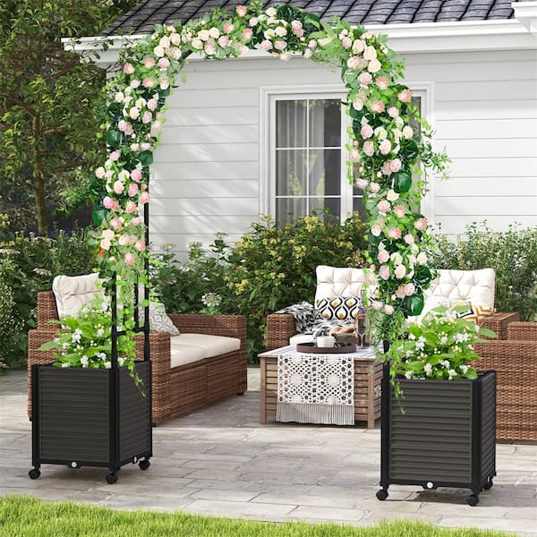 6.6 ft. Tall Metal Garden Arbor with 2 Raised Garden Planters Arch Trellis Outdoor