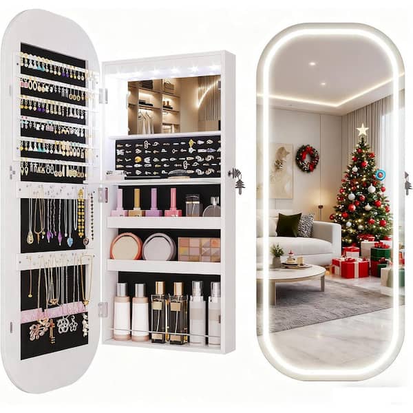White Wood 16 in. Wall-Mounted LED Mirror Jewelry Armoire with Storage and Lockable Armoire