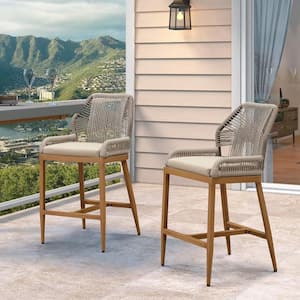 Modern Aluminum Twill Wicker Woven Bar Height Outdoor Bar Stool with Back and Sunbrella Khaki Cushion (2-Pack)