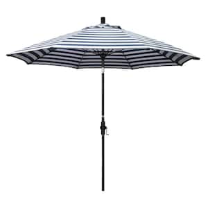 9 ft. Fiberglass Market Collar Tilt Stone Black Patio Umbrella in Navy White Cabana Stripe Olefin
