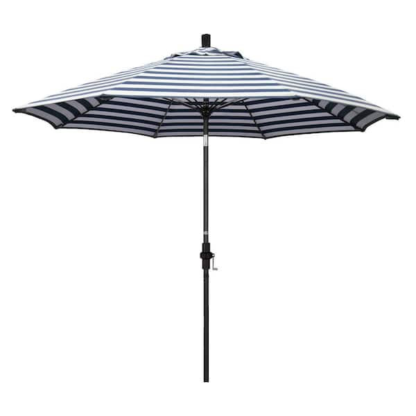 California Umbrella 9 ft. Fiberglass Market Collar Tilt Stone Black Patio Umbrella in Navy White Cabana Stripe Olefin