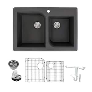 Radius All-in-One Drop-in Granite 33 in. 1-Hole 1-3/4 in. D-Shape Double Bowl Kitchen Sink in Black