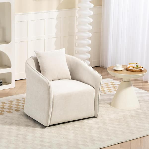 Set of 1, Mid Century Upholstered Velvet Swivel Barrel Chair with Waist Cushion and Pillow-White