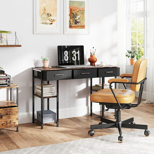 47 in. Rustic Brown Writing Desk with 3 Fabric Drawers and 4 Shelves for Home Office or Small Spaces