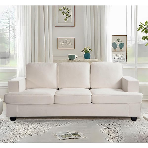 Beauti 84 in. Wide Square Arm Velvet Modern Rectangle Sofa in. Ivory