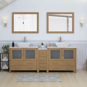 Ravenna 84 in. Double Sink Freestanding Natural Oak Bath Vanity with White Engineered Marble Top, Vessel Sink and Mirror