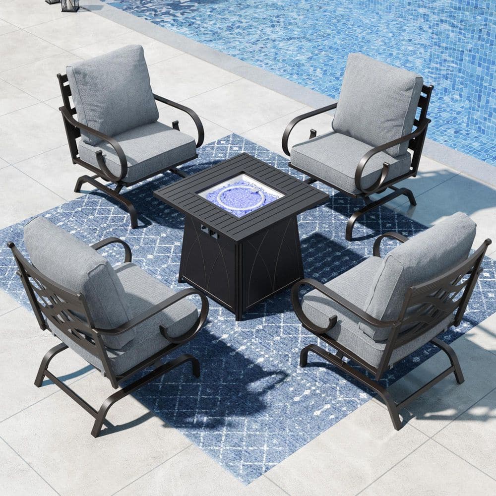 Black Metal 4 Seat 5-Piece Steel Outdoor Fire Pit Patio Set with Gray Cushions,4 Rocking Chairs, Square Fire Pit Table price history on PriceWatchPro