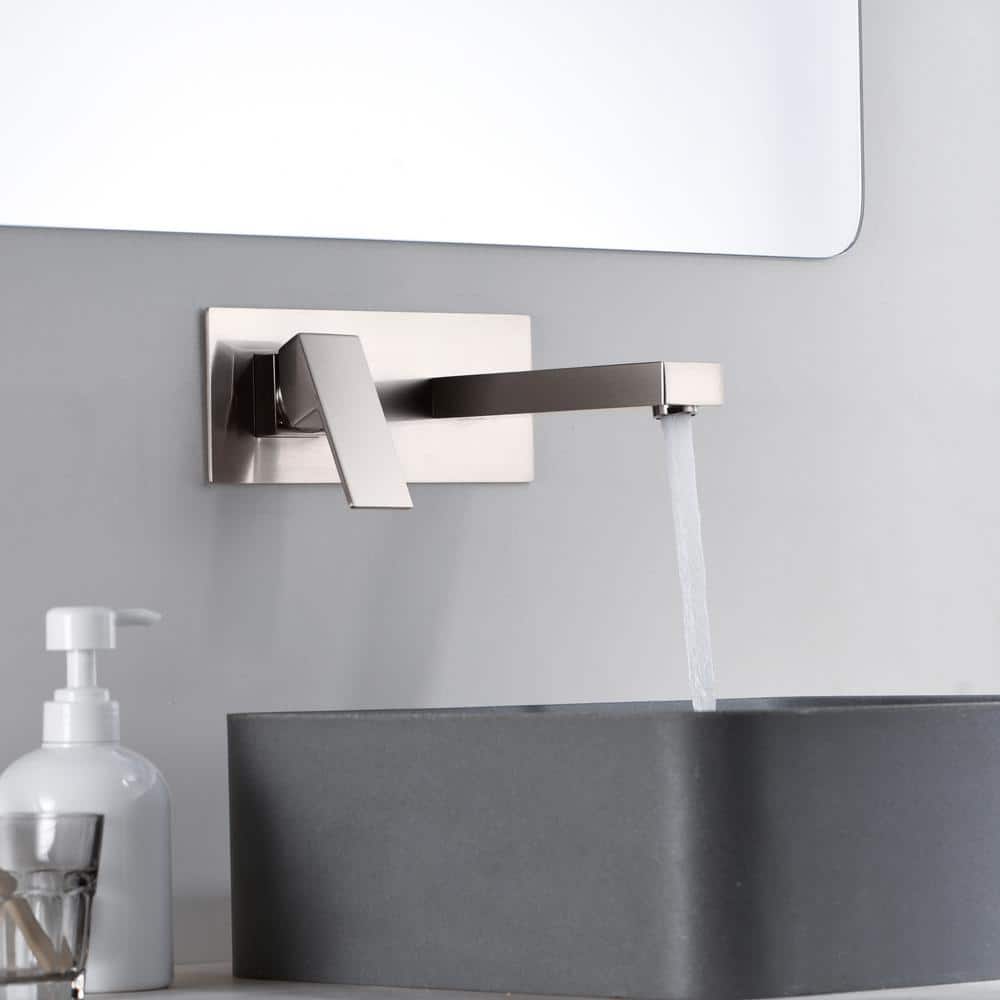 Brushed Nickel Wall Mount Bathroom Faucet with Lever Handle