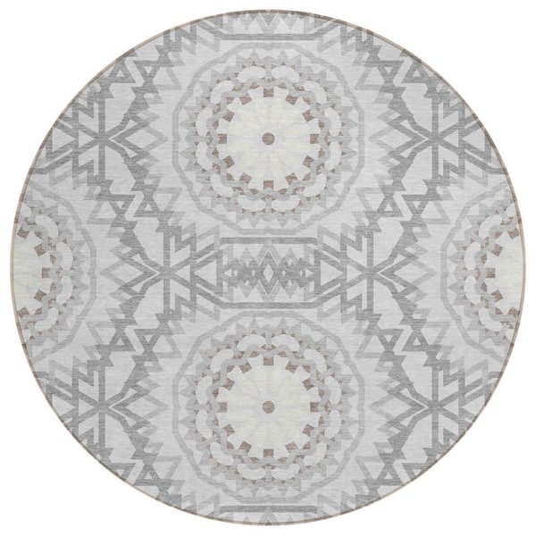 Silver, Ivory, Gray 8 ft. Round Woven Floral, Medallion Polyester Round Indoor/Outdoor Area Rug