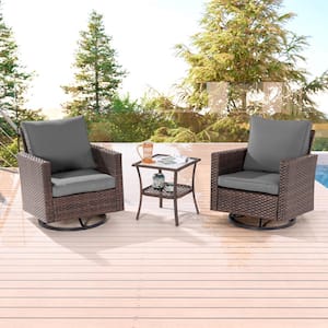 3-Piece Brown Wicker Outdoor Swivel Rocking Chairs Patio Bistro Set with Side Table Gray Cushion