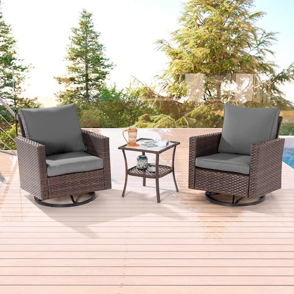 Sonkuki 3-Piece Brown Wicker Outdoor Swivel Rocking Chairs Patio Bistro Set with Side Table Gray Cushion