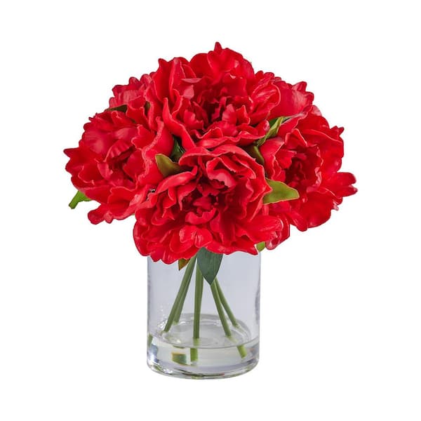 Faux Series 11 in. Red Indoor Artificial Silk Peony Bouquets with Stems for Home Table Decor in Glass Vase