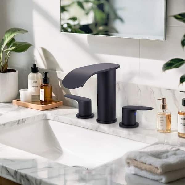 8 in. Widespread Double Handle Waterfall Bathroom Faucet with Pop-up Drain in Matte Black