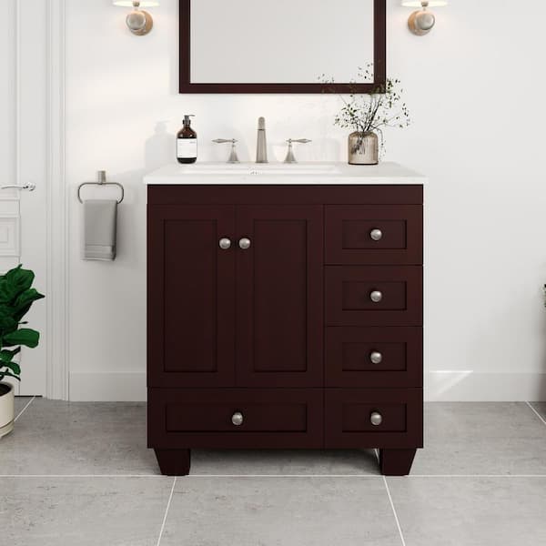 Eviva Acclaim 30 in. Single Sink Teak Bath Vanity with White Carrara Quartz Top (Assembled)