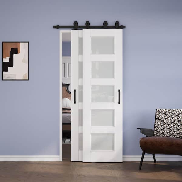 28 in. x 80 in. (Two 18 in.) Bypass Save Space 5 Lite Frosted Glass White Primed MDF Sliding Barn Door with Hardware Kit