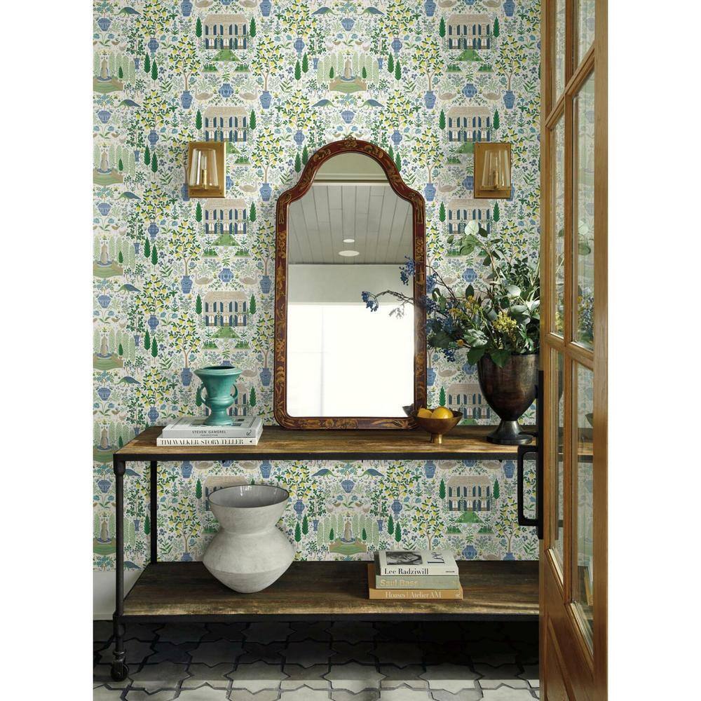 Blue and Green French Farmhouse Pattern Wallpaper Roll