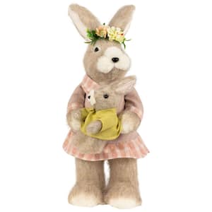 Mother Rabbit with Baby Bunny Easter Figure-14.5 in. -Brown and Rose Pink