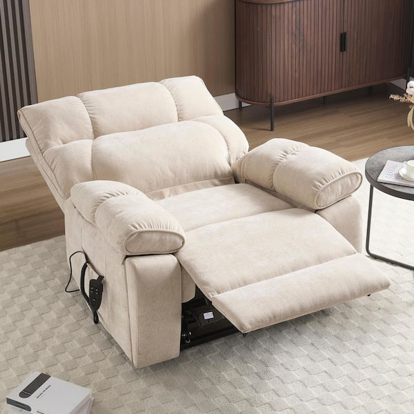 Beige Oversized Dual Motor Chenille Power Lift Recliner with Heat and Massage, 2-Pocket Cup Holders