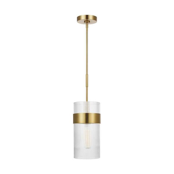 Generation Lighting Geneva 7 in. W x 13.75 in. H 1-Light Burnished Brass Mid-Century Dimmable Large Pendant Light with Clear Glass Shade