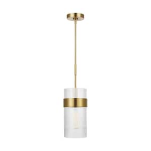 Geneva 7 in. W x 13.75 in. H 1-Light Burnished Brass Mid-Century Dimmable Large Pendant Light with Clear Glass Shade