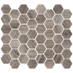 Terrain Thunder Gray 13 in. x 11 in. Hexagon Wood-Look Smooth Glass Mosaic Wall Tile (5 sq. ft./Case)