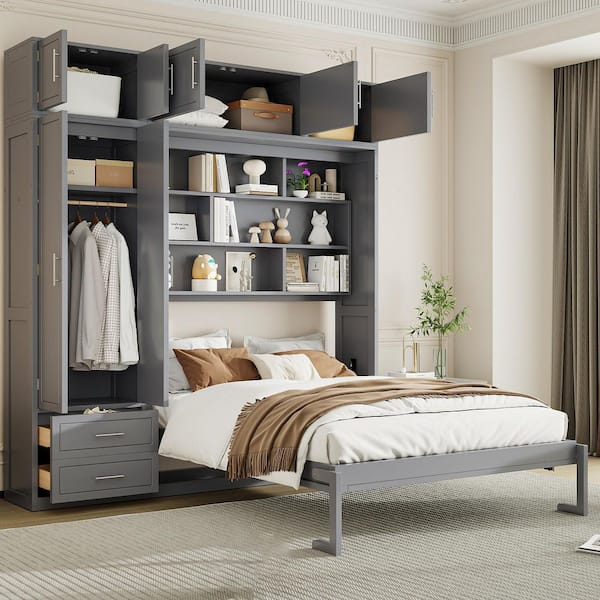 Gray Wood Frame Queen Size Murphy Bed with Top Cabinet, Shelves and Wardrobe, Space Saving Foldable Bed