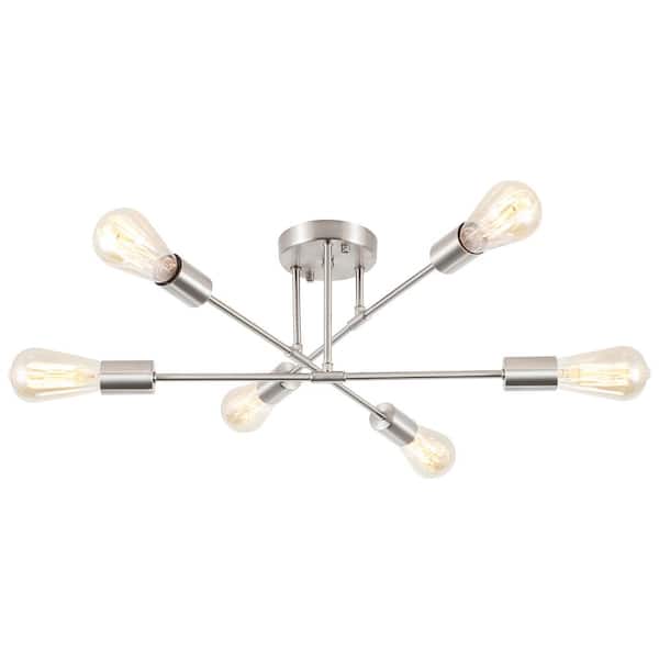 20.66 in. 6-Light Modern Nickel Semi- Flush Mount for Bedroom Foyer with No Bulbs Included