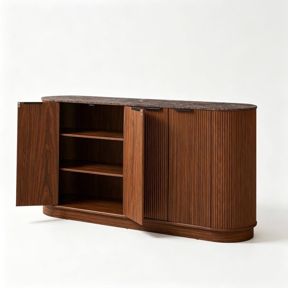 59.06" Fluted Walnut Sideboard Buffet Cabinet with Faux Marble Top, Adjustable Shelf Dining Room Console Cabinet